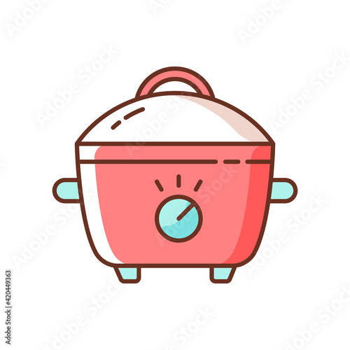 Slow cooker RGB color icon. Porcelain crock pot. Electric utensil for food preparation. Pot for cooking meal. Small kitchen appliance. Modern household technology. Isolated vector illustration