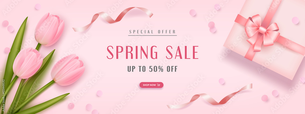 Spring special offer vector banner background with spring season sale text, tulip flowes and gift box. Can be used for banners, wallpaper, flyers, voucher discount. Vector illustration - obrazy, fototapety, plakaty 