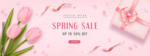 Spring special offer vector banner background with spring season sale text, tulip flowes and gift box. Can be used for banners, wallpaper, flyers, voucher discount. Vector illustration