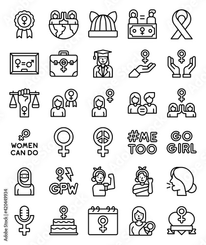 Feminism related line icon set, vector illustration