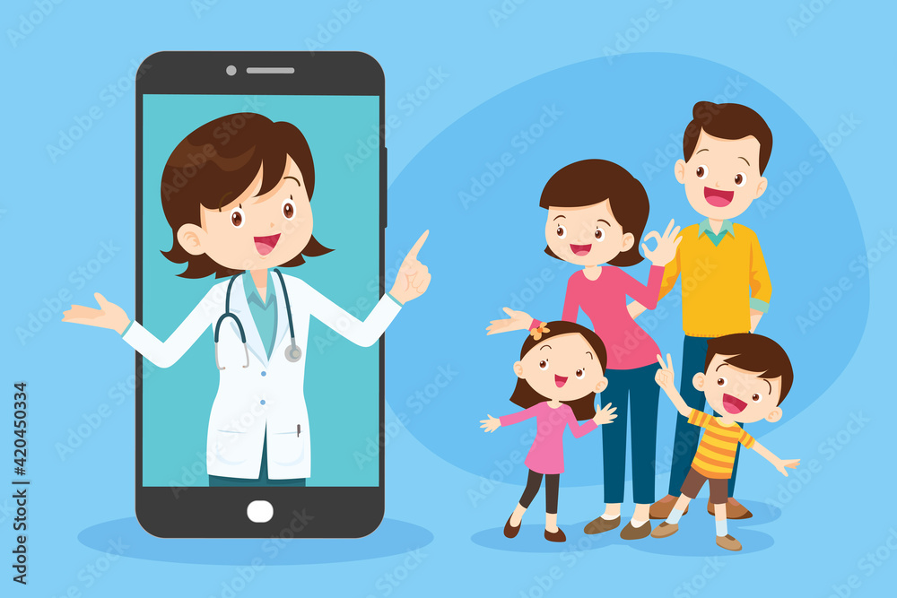 Smiling woman doctor on the phone screen with family Smiling woman doctor on the phone screen with family