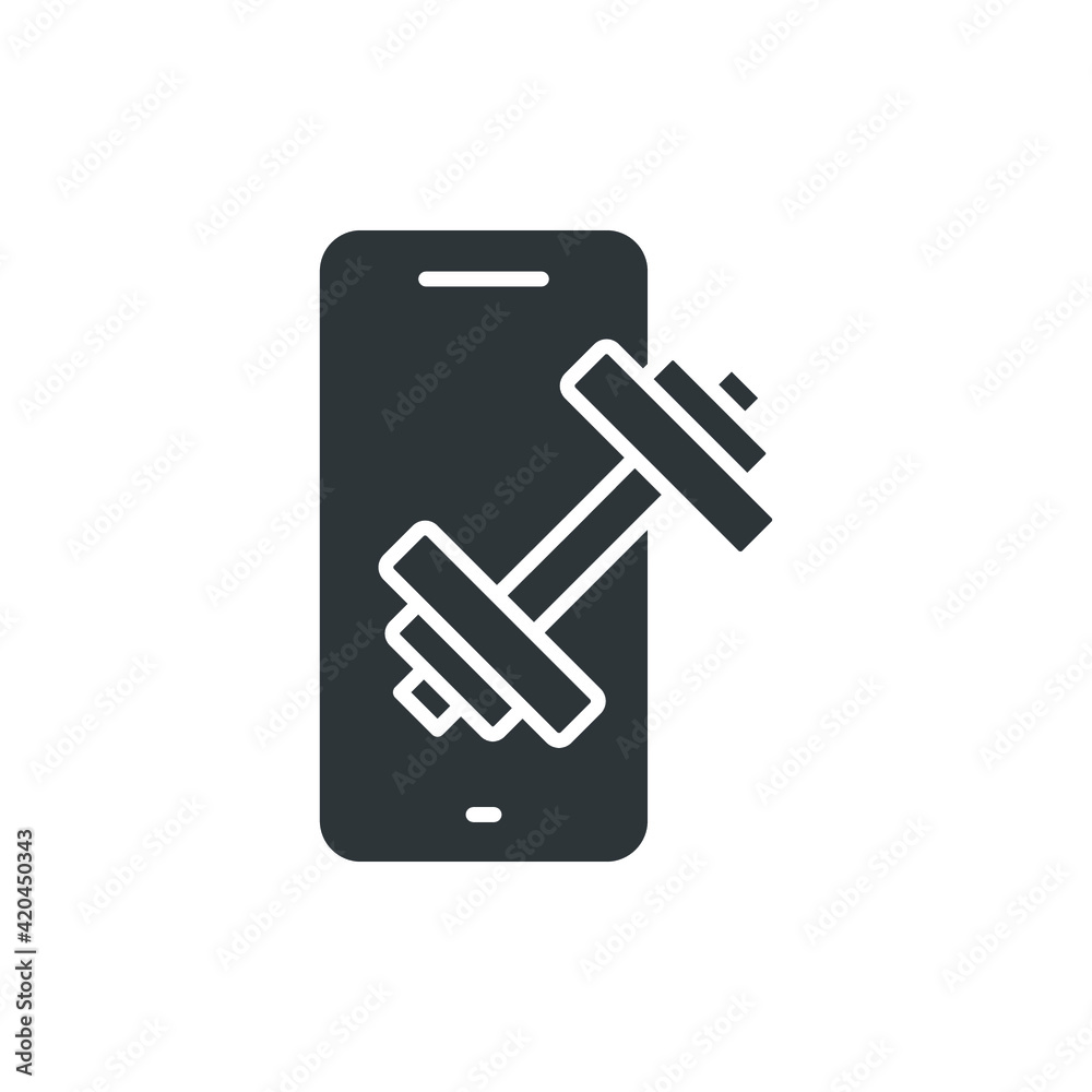 Online fitness glyph icon. Simple solid style. Mobile trainer phone with dumbbell home workout online training class sport physical exercise. Vector illustration isolated. EPS 10. Stock Adobe Stock
