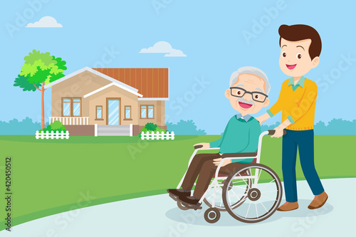 strolling with elderly man in wheelchair in the park