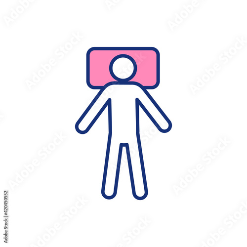 Sleep position on back RGB color icon. Support optimal spine alignment. Placing pillow underneath head. Health benefit. Keeping spine neutral. Pressure on heart reduction. Isolated vector illustration