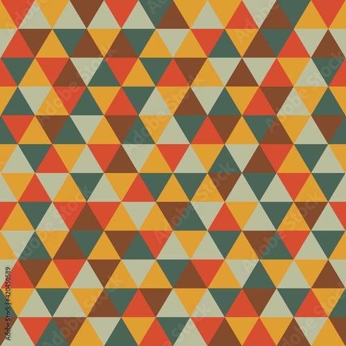 Seamless Pattern with orange, red, green, grey and brown triangles. Vector illustration. Retro style.