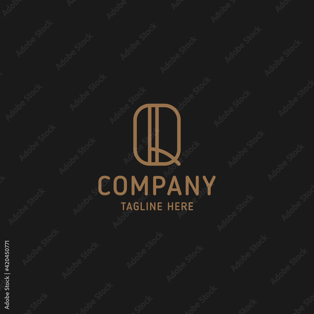 Simple and minimalist gold line art letter Q monogram initial logo in black background