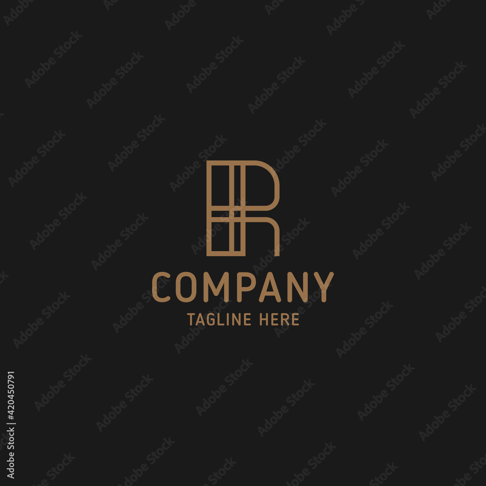 Simple and minimalist gold line art letter R monogram initial logo in black background
