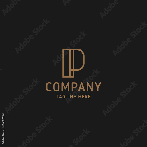 Simple and minimalist gold line art letter P monogram initial logo in black background