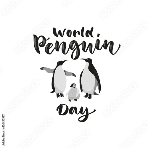 Vector black and white isolated illustration with lettering World Penguin Day and penguin family  in cartoon style .