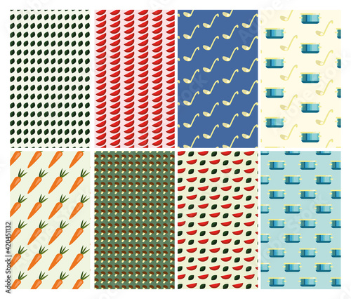 Vector set of design elements, patterns and backgrounds for organic, healthy.Vegan food packaging labels and emblems for vegetarian products, shops and websites.Pan.Сarrot.Mushrooms.Tomatoes.Bay leaf.