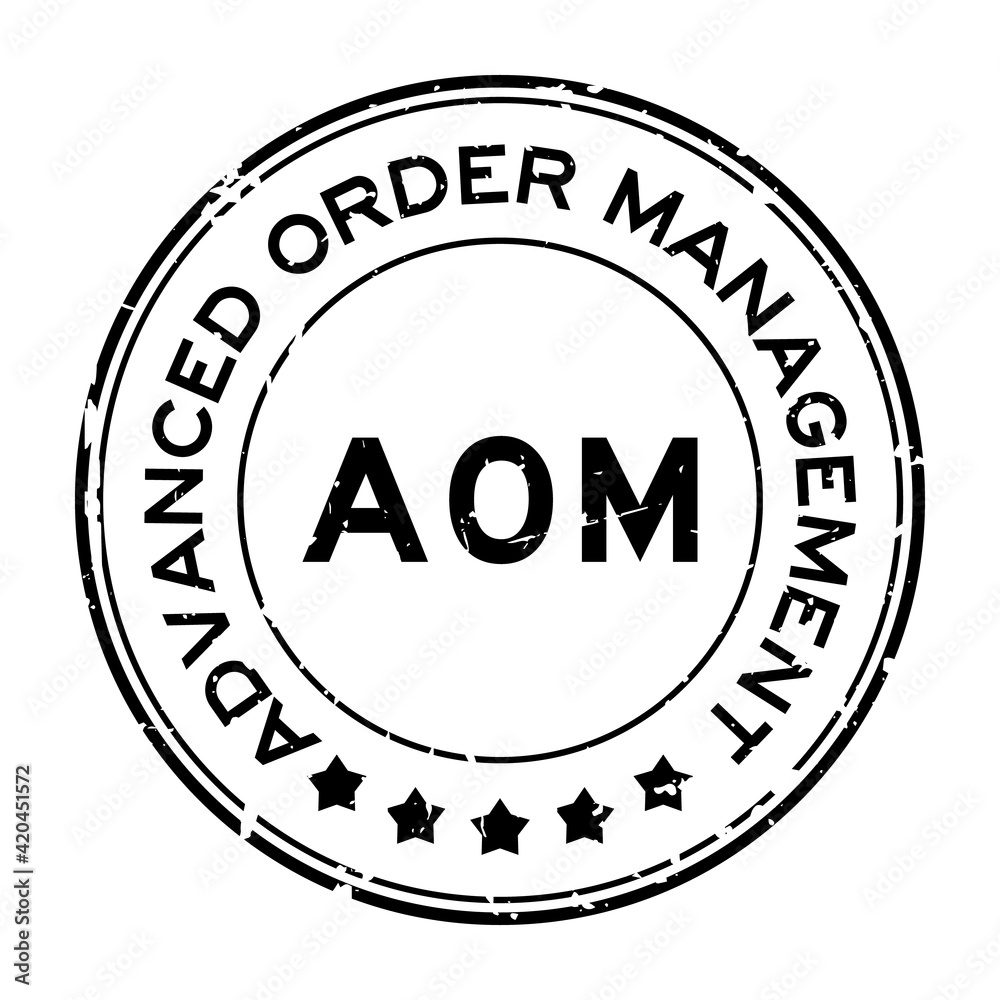 Grunge black AOM (Abbreviation of Advanced order management, add on module or assistant operation manager) word round rubber seal stamp on white background