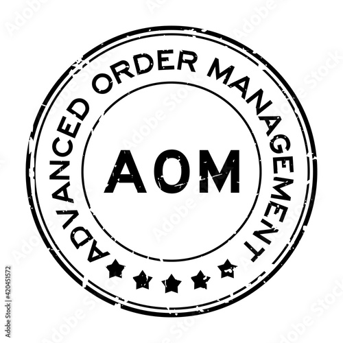 Grunge black AOM (Abbreviation of Advanced order management, add on module or assistant operation manager) word round rubber seal stamp on white background