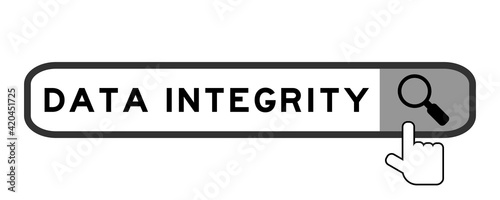 Search banner in word data integrity with hand over magnifier icon on white background