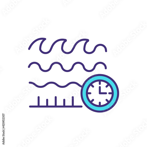 Surfing forecast RGB color icon. Onshore wave conditions prediction. Alert system. Measuring waves breaking near coastline. Surf report. Offshore swell data. Isolated vector illustration