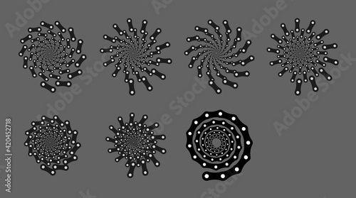 Set of spiral motion elements, black isolated objects, different brush texture, chain, bicycle, vector illustrations