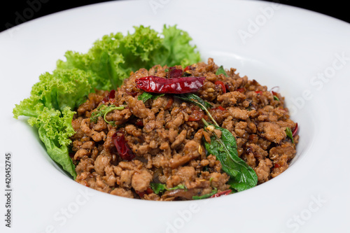 Stir fried Thai basil with minced pork and chilli on topped rice - Thai local food style