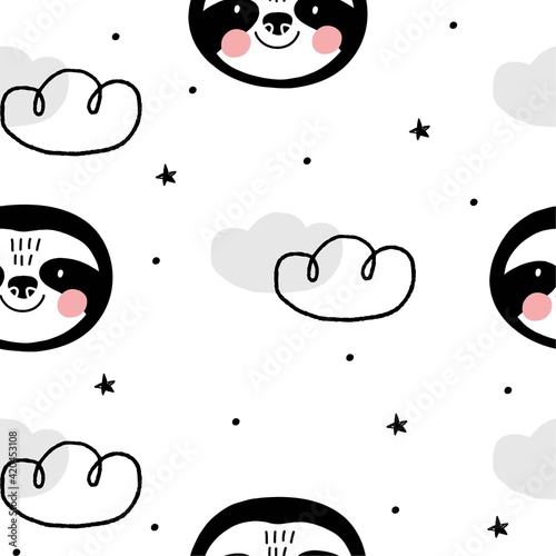 Cute Seamless pattern with Sloth in scandinavian style. Monochrome vector print for baby  with sloth.