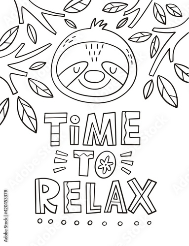 Coloring page with cute Sloth - Unicorn. Monochrome vector illustration with sloth unicorn
