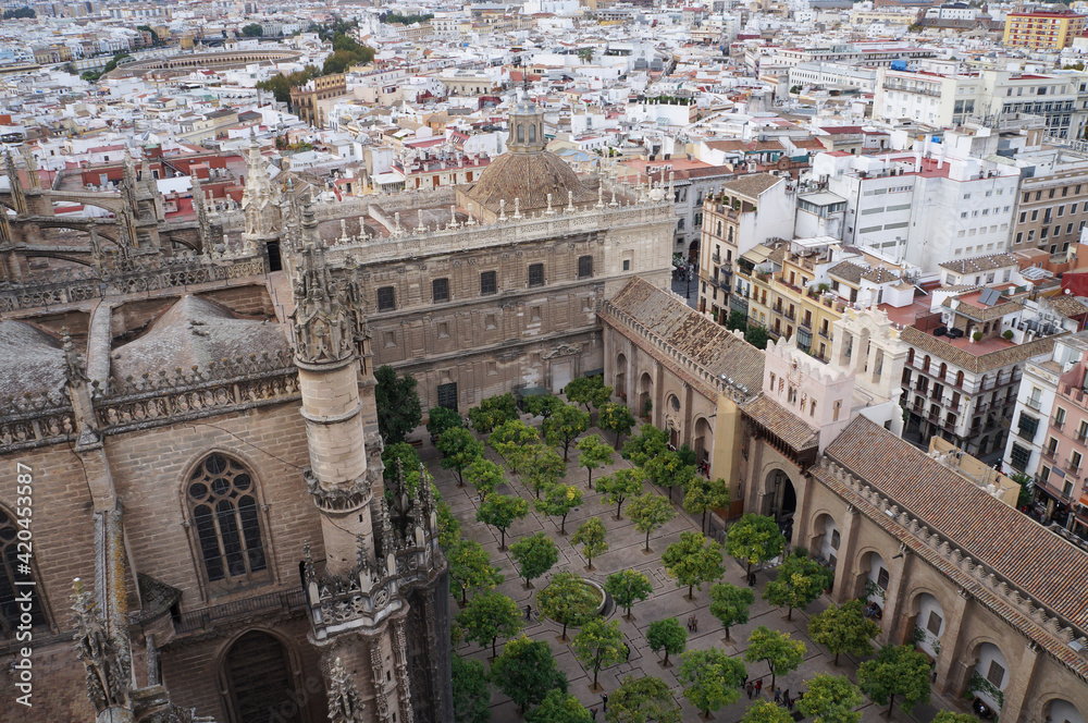 View of courtyard of Seville Cathedral or Cathedral of Saint Mary of the See, Spain