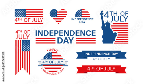 4th of july set in flat style. Independence day USA, Isolated vector design.