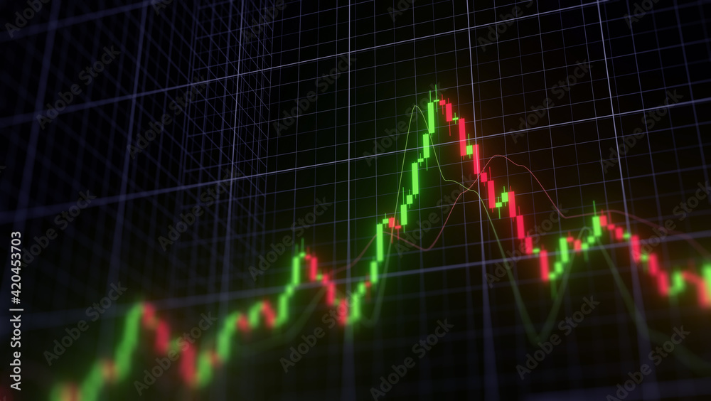 Business investment finance analysis data statistics digital stock market exchange forex trading graph chart financial candlestick indicator screen board abstract graphic design background. 3d render. Business investment finance analysis data statistics digital stock market exchange forex trading graph chart financial candlestick indicator screen board abstract graphic design background. 3d render.