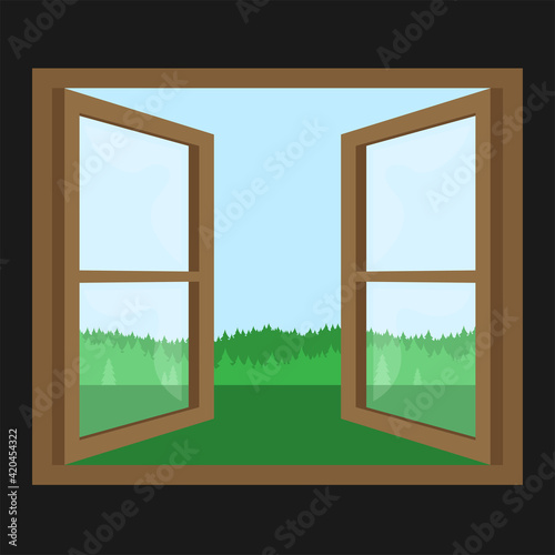 Window overlooking the winter landscape. Cartoon flat style. Vector illustration.