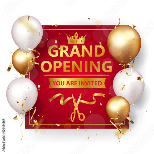 Grand opening card design with gold and ribbon with confetti
