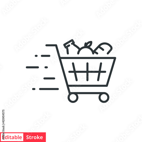 Shopping cart line icon. Simple outline style. Food and fruit full product cart, supermarket, basket checkout concept. Vector illustration isolated on white background. Editable stroke EPS 10.