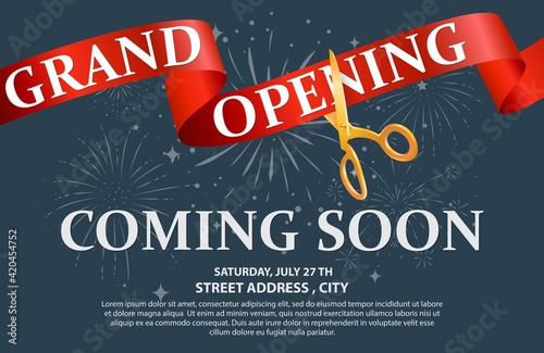 Grand opening card design with gold and ribbon with confetti