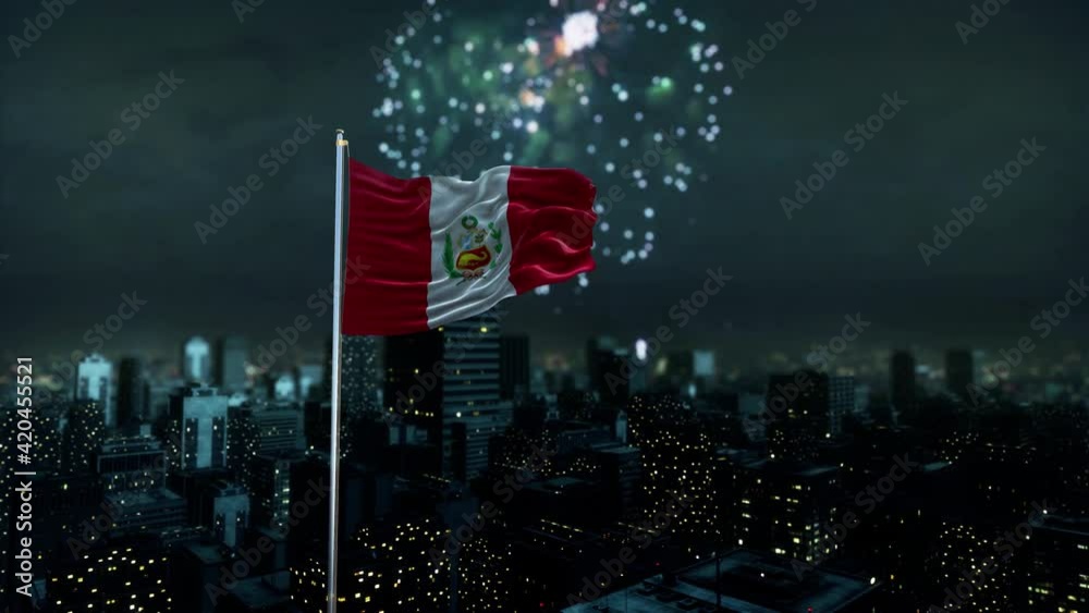 Peru Flag With Fireworks And City 3D Rendering