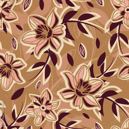 Vector ecru pink brown flowers seamless pattern 