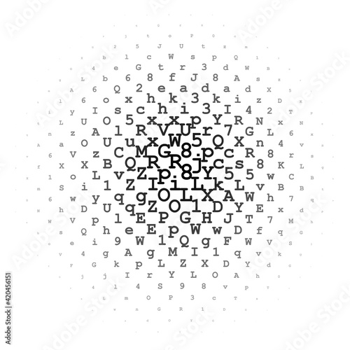 Halftone circle made of black letters and digits on white background illustration