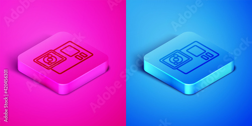 Isometric line Action extreme camera icon isolated on pink and blue background. Video camera equipment for filming extreme sports. Square button. Vector