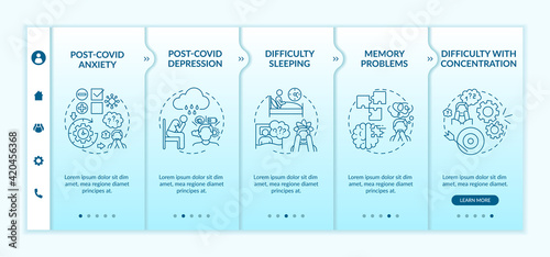 Depression after coronavirus onboarding vector template. Problems with concentration and memory. Responsive mobile website with icons. Webpage walkthrough step screens. RGB color concept