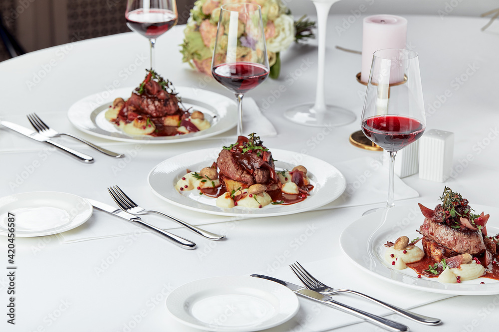 Gourmet appetizer: Beautifully decorated catering banquet foie gras with berries