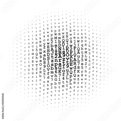 Halftone circle made of black letters and digits on white background illustration