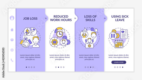 Unemployment and telecommuting in company onboarding vector template. Loss of skills and experience. Responsive mobile website with icons. Webpage walkthrough step screens. RGB color concept