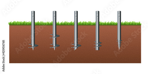 Isometric vector illustration steel screw round piles isolated on white background. Set of realistic foundation piles icons in flat cartoon style. Different shapes screw piles. Construction material. photo
