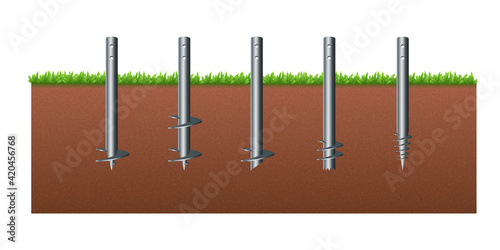 Isometric vector illustration steel screw round piles isolated on white background. Set of realistic foundation piles icons in flat cartoon style. Different shapes screw piles. Construction material.