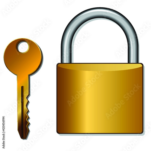 Golden padlock with key isolated