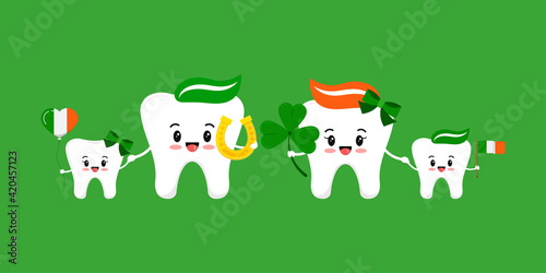 St Patrick day teeth happy family isolated. Smiling tooth with faces - mum, dad, son, daughter and irish photo booth props shamrock clover, horseshoe, flag. Dental vector flat cartoon illustration