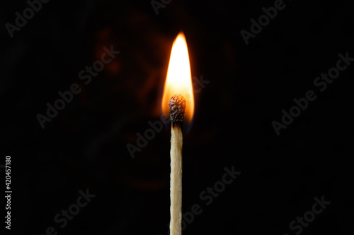 Burning match on a black background. Macro photography of a burning match. Burning match. 