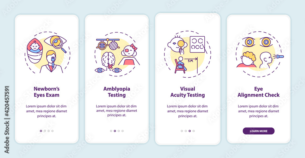 Naklejka premium Eye screening for children onboarding mobile app page screen with concepts. Newborns eyes exam walkthrough 4 steps graphic instructions. UI vector template with RGB color illustrations
