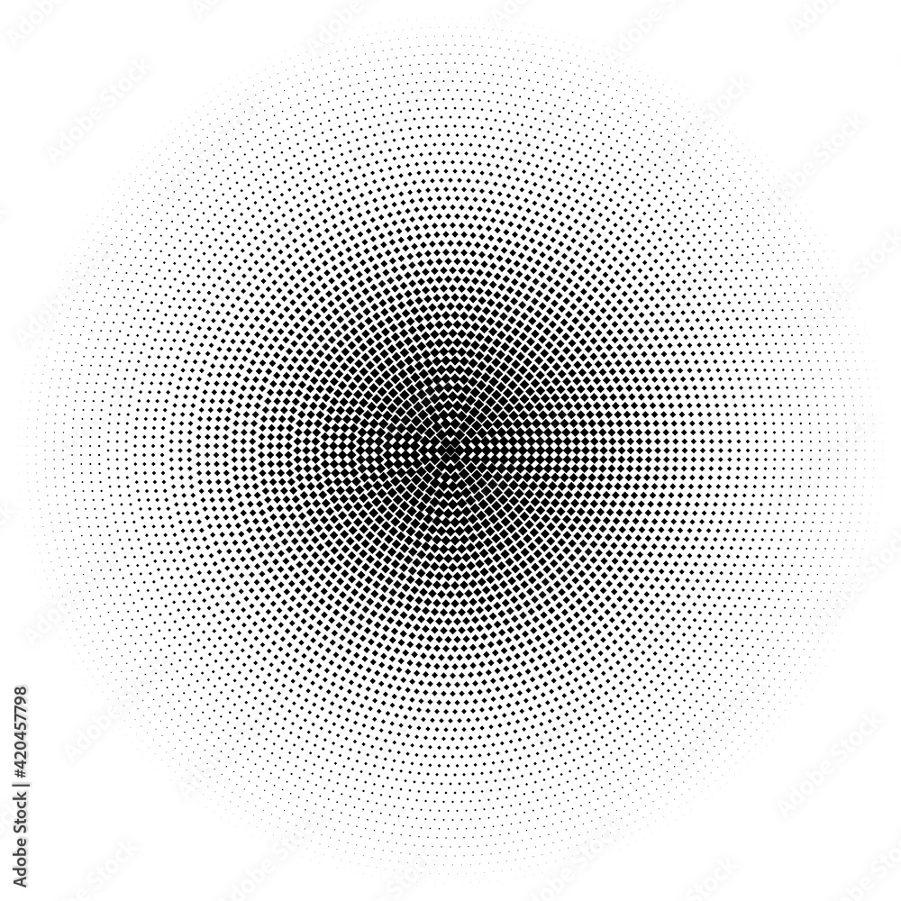Halftone circle made of black squares on white background, abstract gradient illustration, mosaic pattern