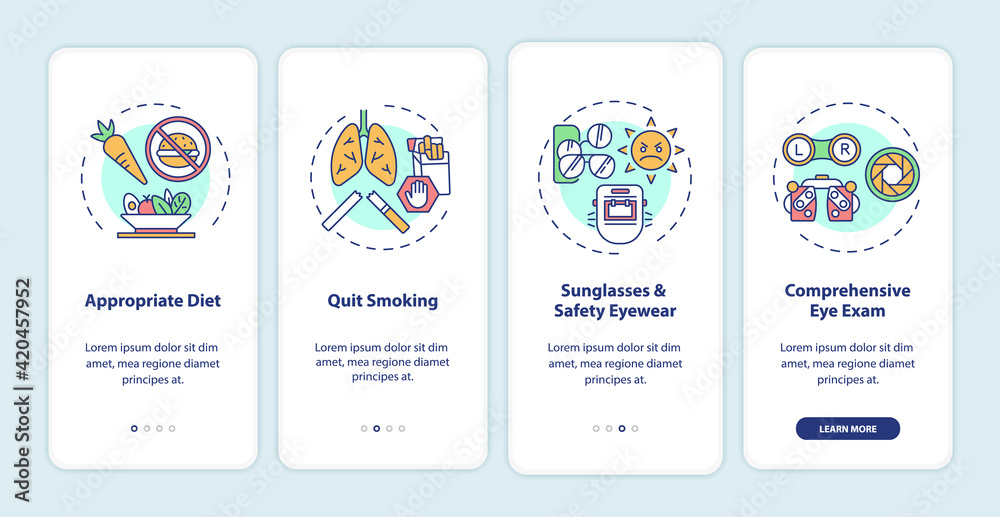 Eye health tips onboarding mobile app page screen with concepts. Appropriate diet for treatment walkthrough 4 steps graphic instructions. UI vector template with RGB color illustrations