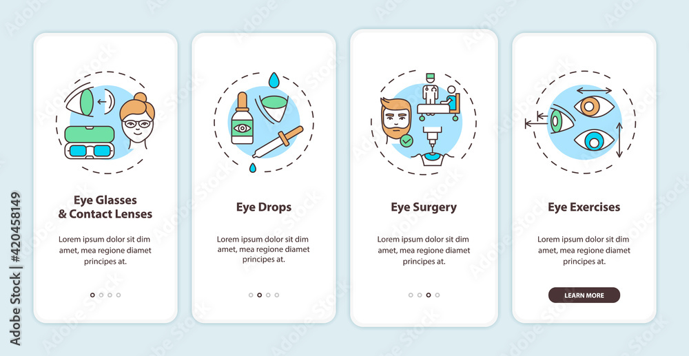 Eye diseases treatment methods onboarding mobile app page screen with concepts. Eye glasses and contact lenses walkthrough 4 steps graphic instructions. UI vector template with RGB color illustrations