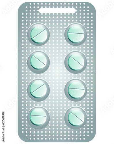 illustration of a pack of round pills, isolated on white. Tablets on white background