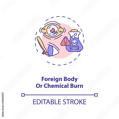 Foreign body or chemical burn concept icon. Emergency eye exam reasons. Superficial damage to cornea idea thin line illustration. Vector isolated outline RGB color drawing. Editable stroke