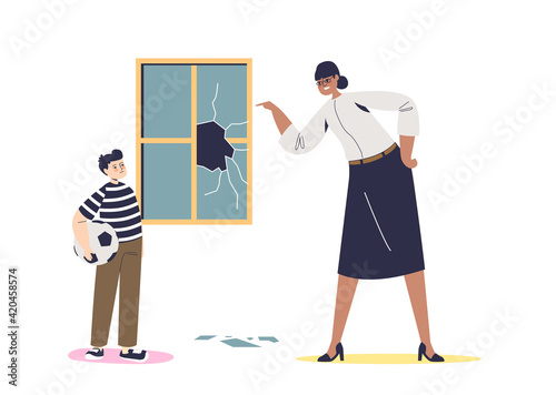 Teacher scolding kid for broken window. Angry principal or headmaster screaming at naughty pupil