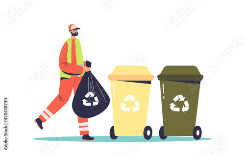 Street cleaner gathering garbage, trash collector service worker in uniform at recycle containers photo